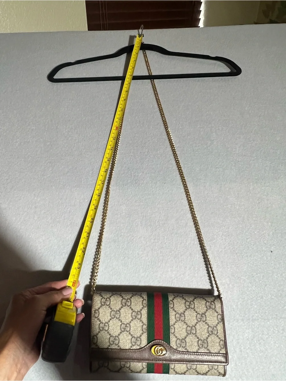 Gucci Beige GG Supreme Crossbody with Green and Red Web and Gold Chain